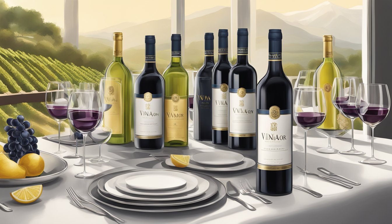 A table set with 10 bottles of Viña Mayor Reserva wine, surrounded by elegant wine glasses and decorative accents