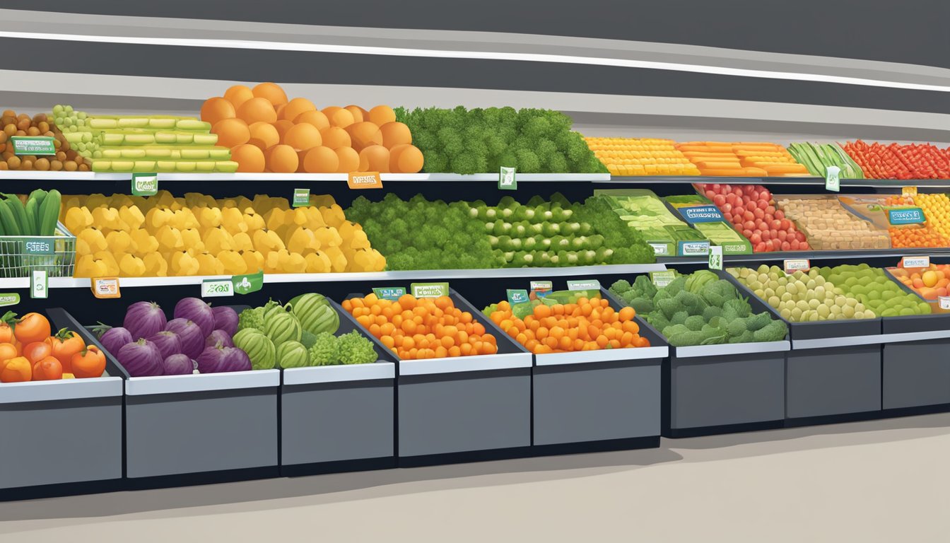 A colorful display of fresh fruits and vegetables, organic products, and a variety of health-conscious food options arranged neatly on shelves and in refrigerated sections at an HEB grocery store