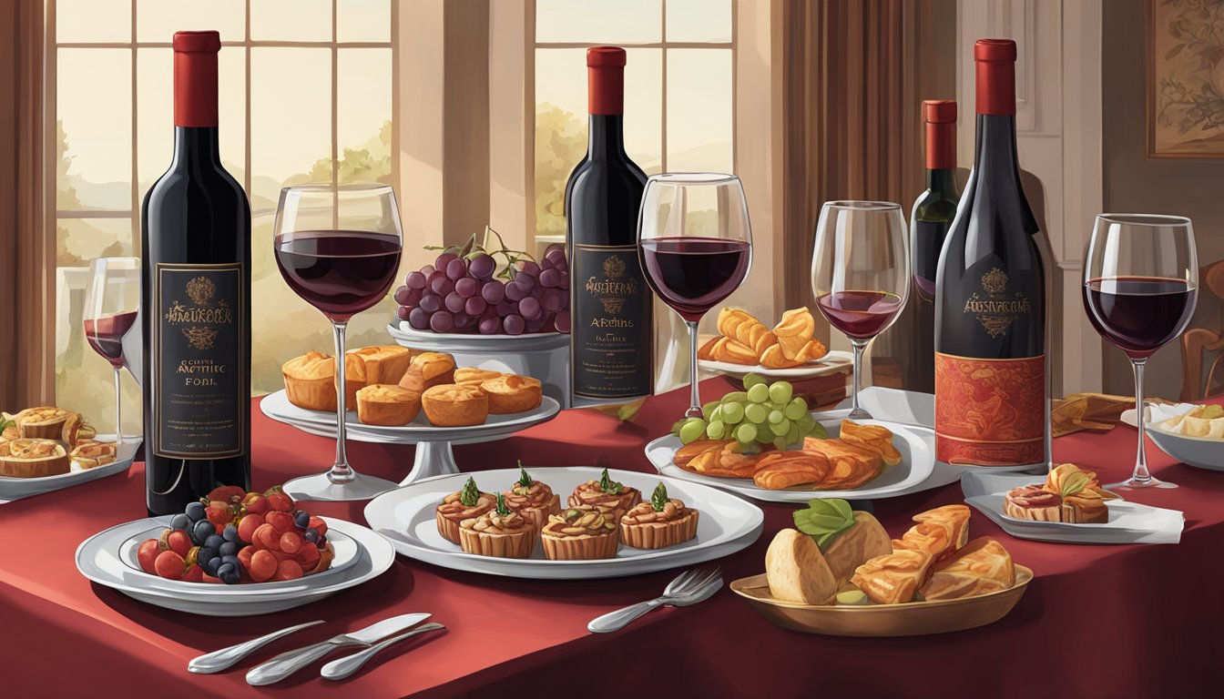 A table set with 10 bottles of Apothic Red Blend wine, surrounded by elegant glassware and a selection of gourmet appetizers