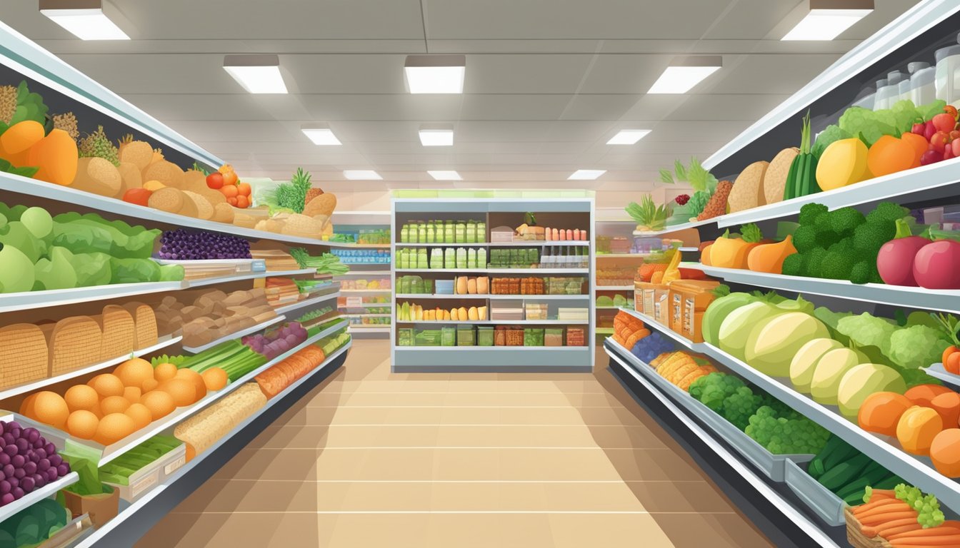 A bustling grocery store aisle filled with colorful organic products, from fresh fruits and vegetables to whole grain breads and natural snacks