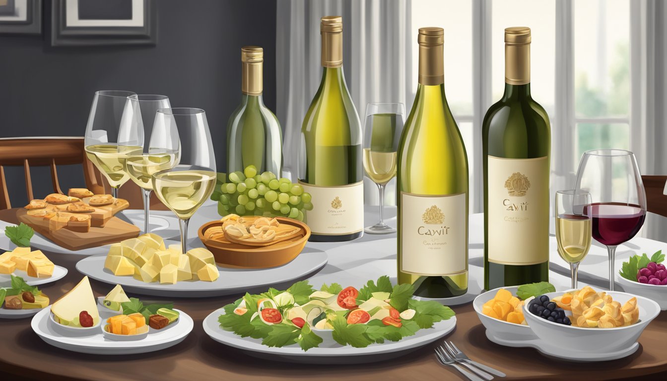 A table set with 10 bottles of Cavit Pinot Grigio surrounded by elegant wine glasses and a variety of appetizers