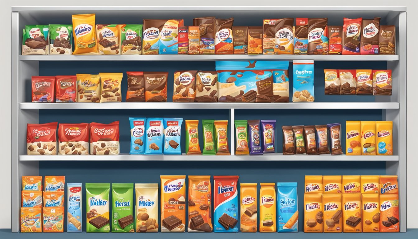 A colorful display of Kinder Chocolate Bars and 14 other unique international foods arranged on shelves at HEB