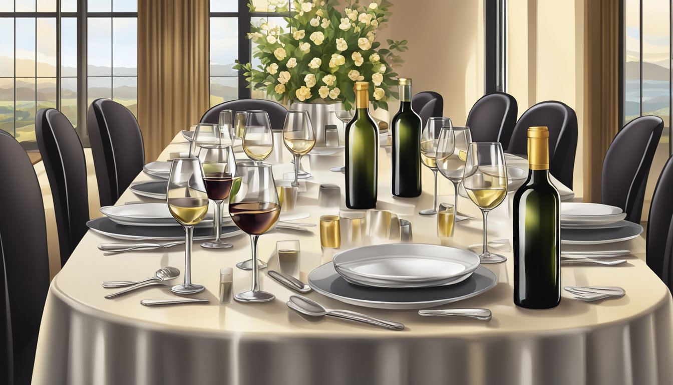 A table set with an array of elegant wine bottles and glasses, surrounded by dim lighting and sophisticated decor