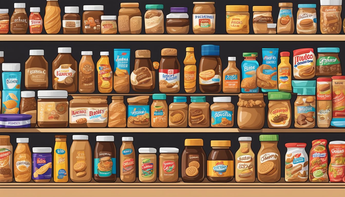 A jar of Speculoos Cookie Butter surrounded by 14 other international food items, all neatly arranged on a display shelf at HEB