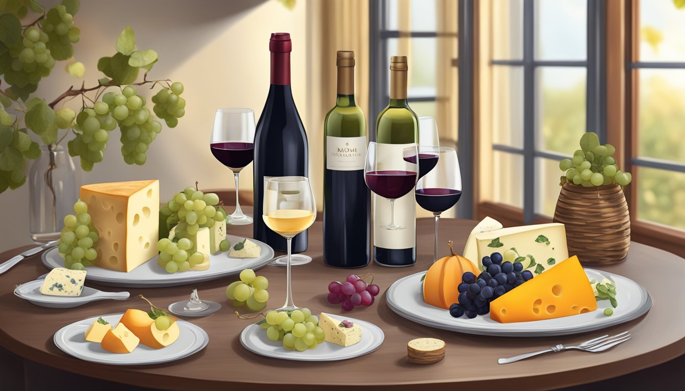 A table set with 10 bottles of Meiomi Pinot Noir surrounded by elegant wine glasses and a variety of gourmet cheeses and fruits