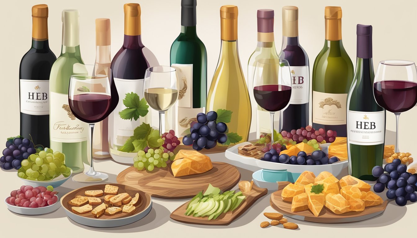 A table set with 10 bottles of HEB wine, each with different labels and colors, surrounded by wine glasses and a variety of appetizers