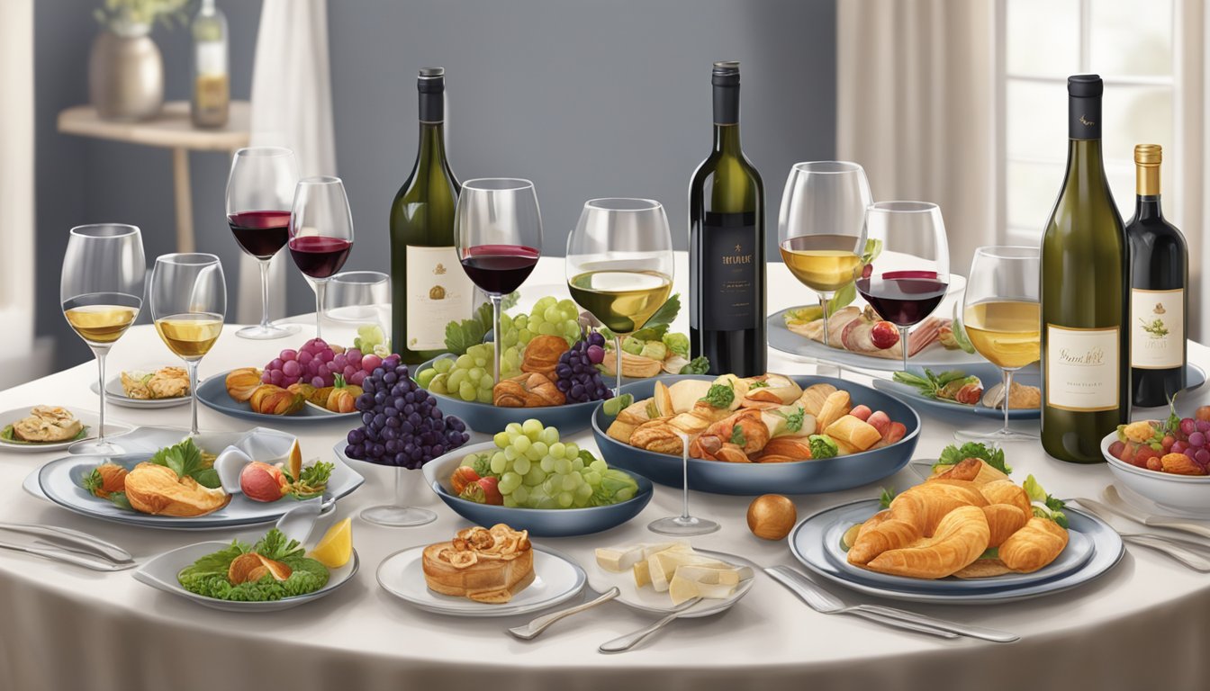 A table set with 10 bottles of HEB wine, surrounded by elegant glassware and a variety of gourmet dishes