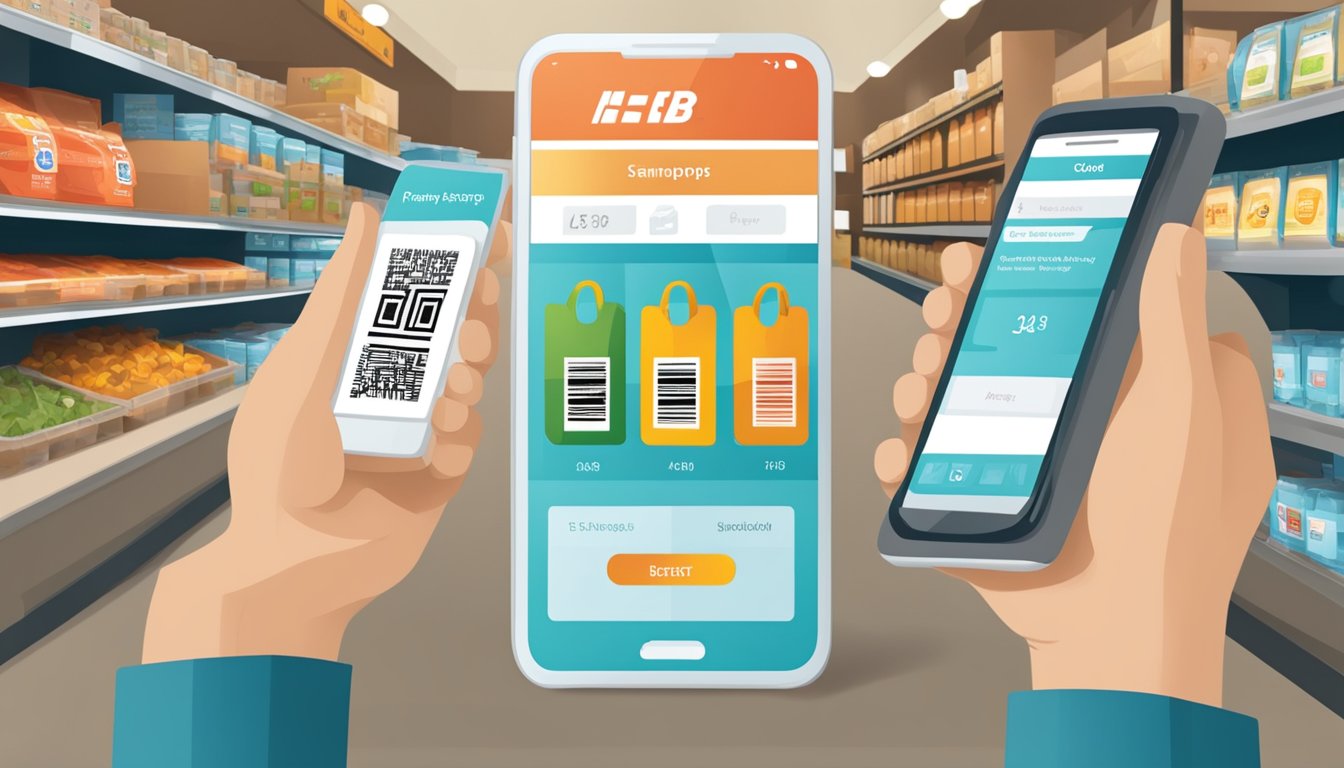 A smartphone displaying the HEB mobile app with a seamless checkout process, featuring a virtual shopping cart, barcode scanner, payment options, and order tracking