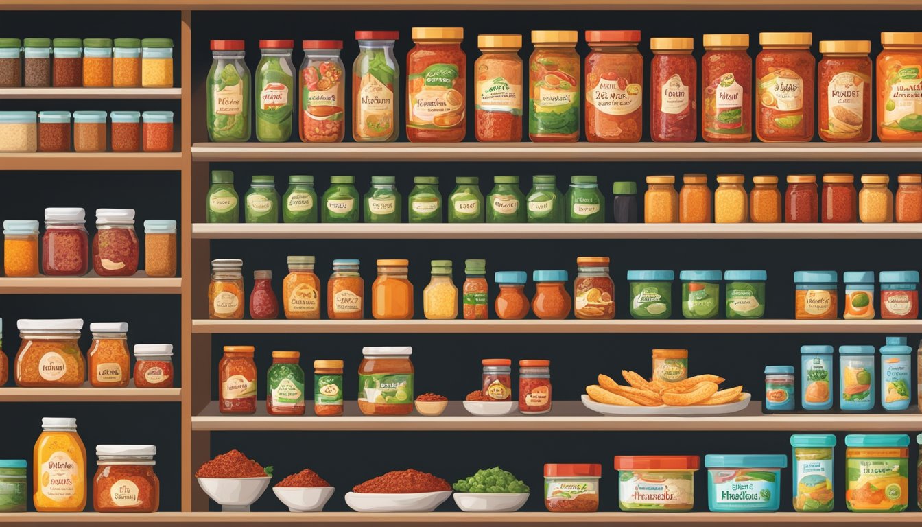 A colorful array of international food products, including jars of harissa paste, neatly arranged on shelves at an HEB grocery store