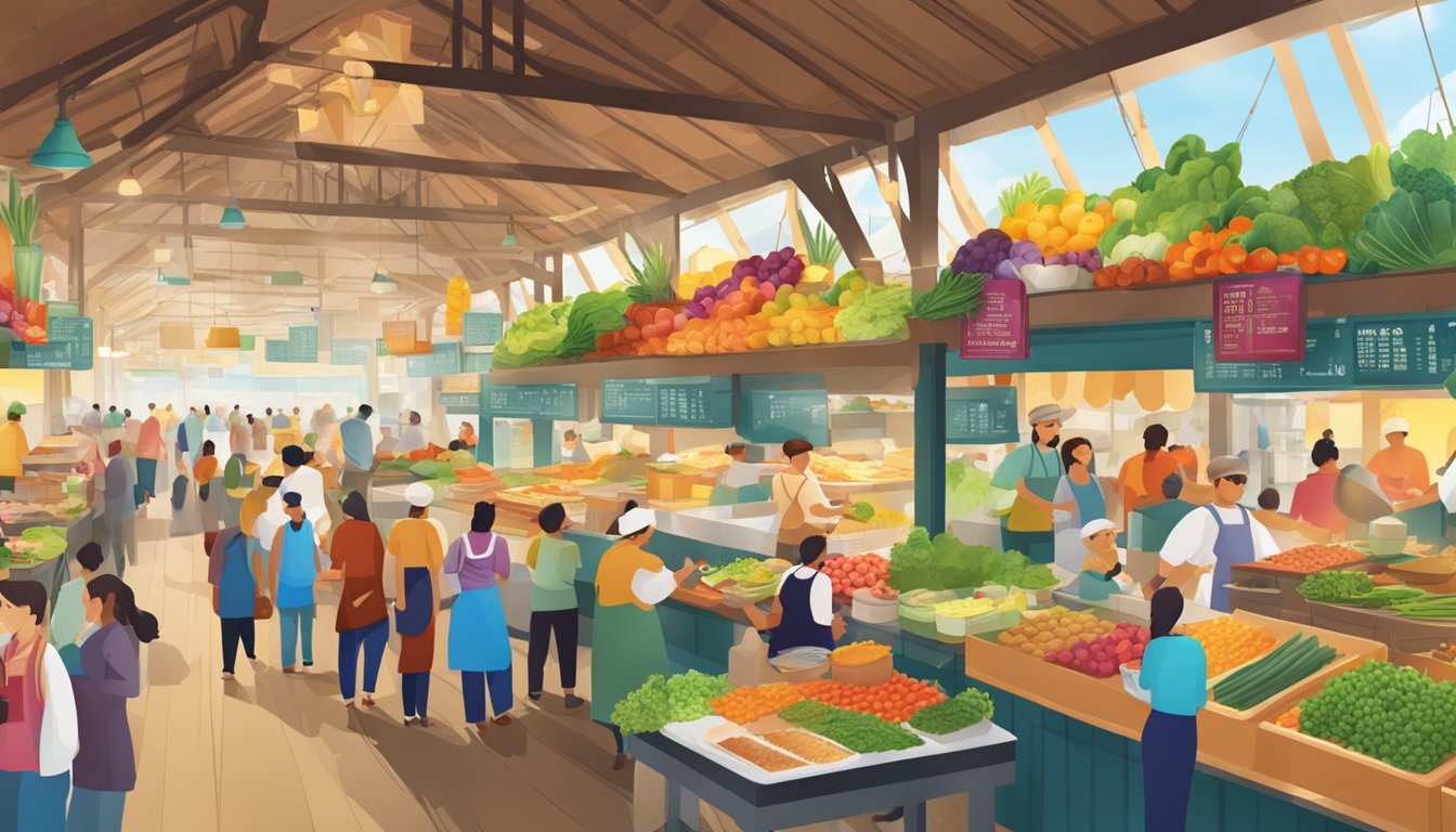 A bustling market with vibrant cooking stations and eager shoppers