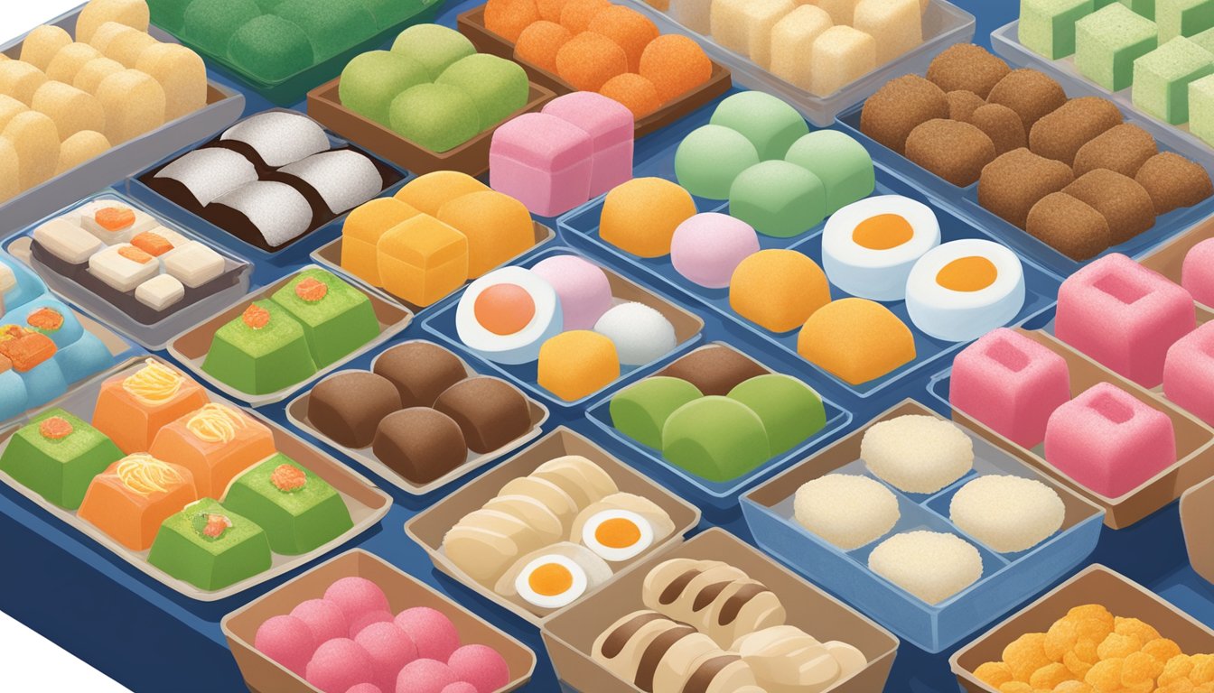 A colorful display of Japanese Mochi surrounded by other international foods at an HEB grocery store