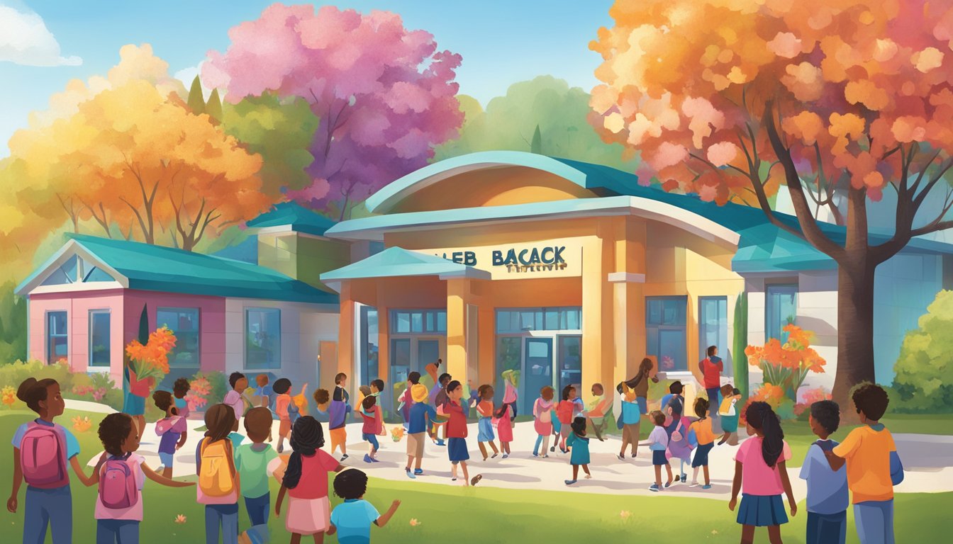 A diverse group of children and teachers gather around a colorful and vibrant school building, surrounded by trees and flowers, with a prominent "HEB Gives Back" banner displayed