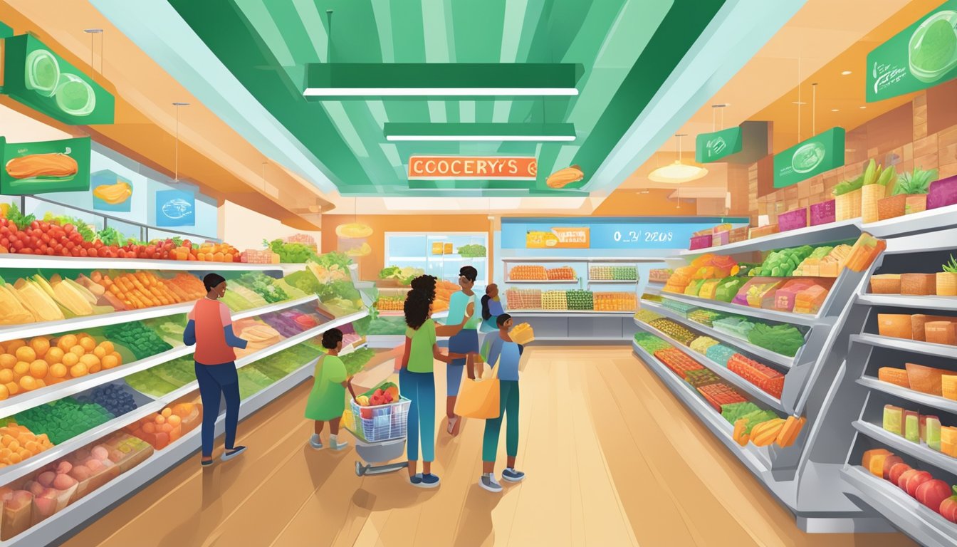 A vibrant grocery store with diverse food displays, interactive cooking demos, and colorful signage promoting healthy eating