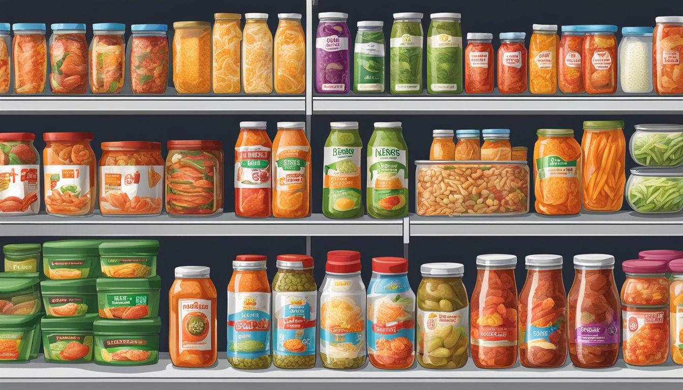 A colorful display of 15 international food items, including kimchi, arranged on shelves at an HEB grocery store