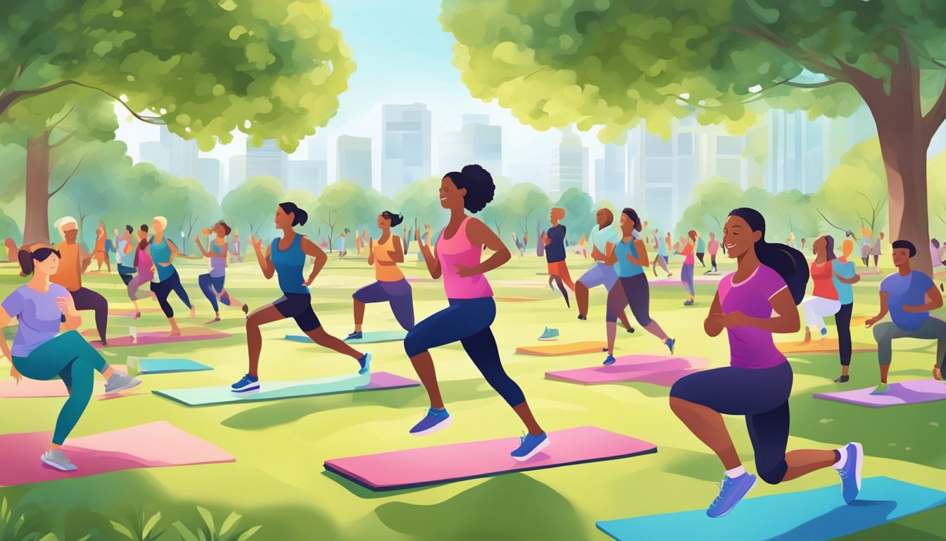 A vibrant community park with people of all ages engaging in various wellness activities such as yoga, running, and group exercise classes