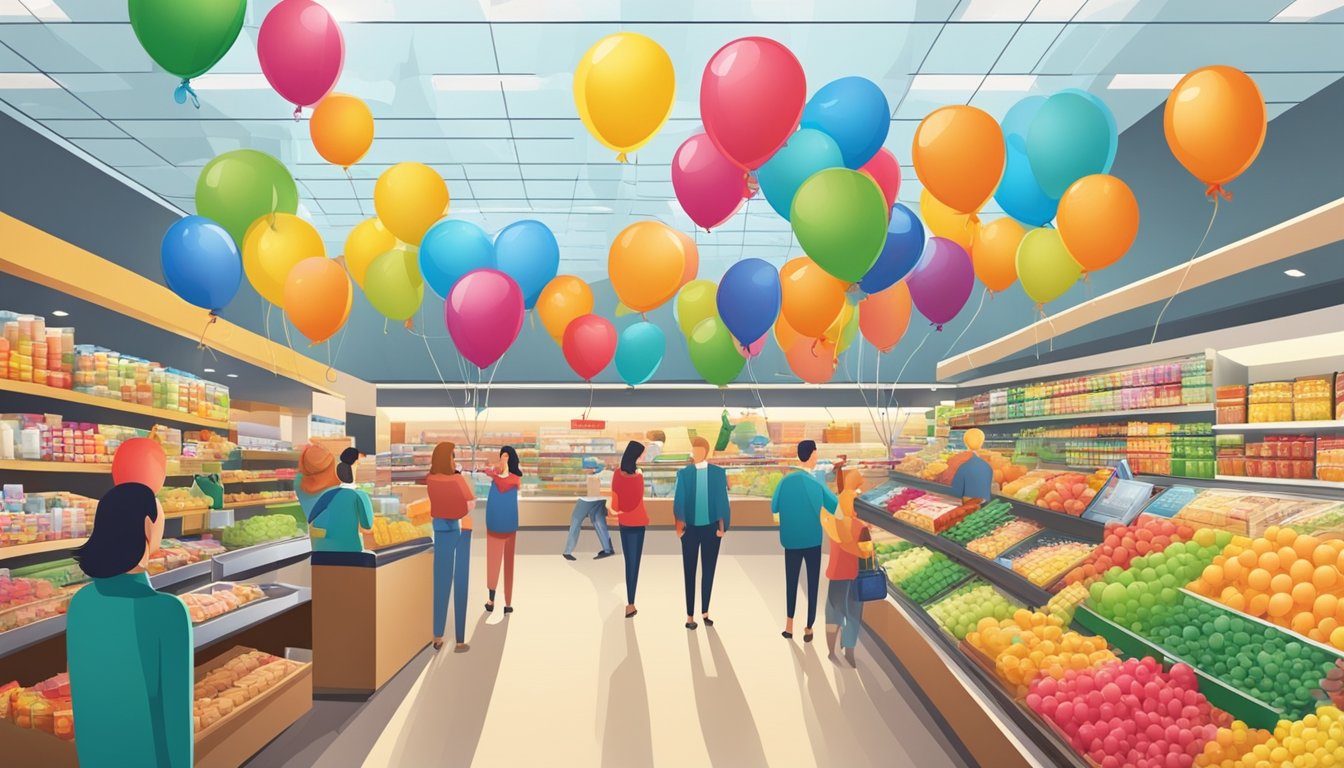 Colorful balloons floating above a bustling grocery store with smiling customers and cheerful employees