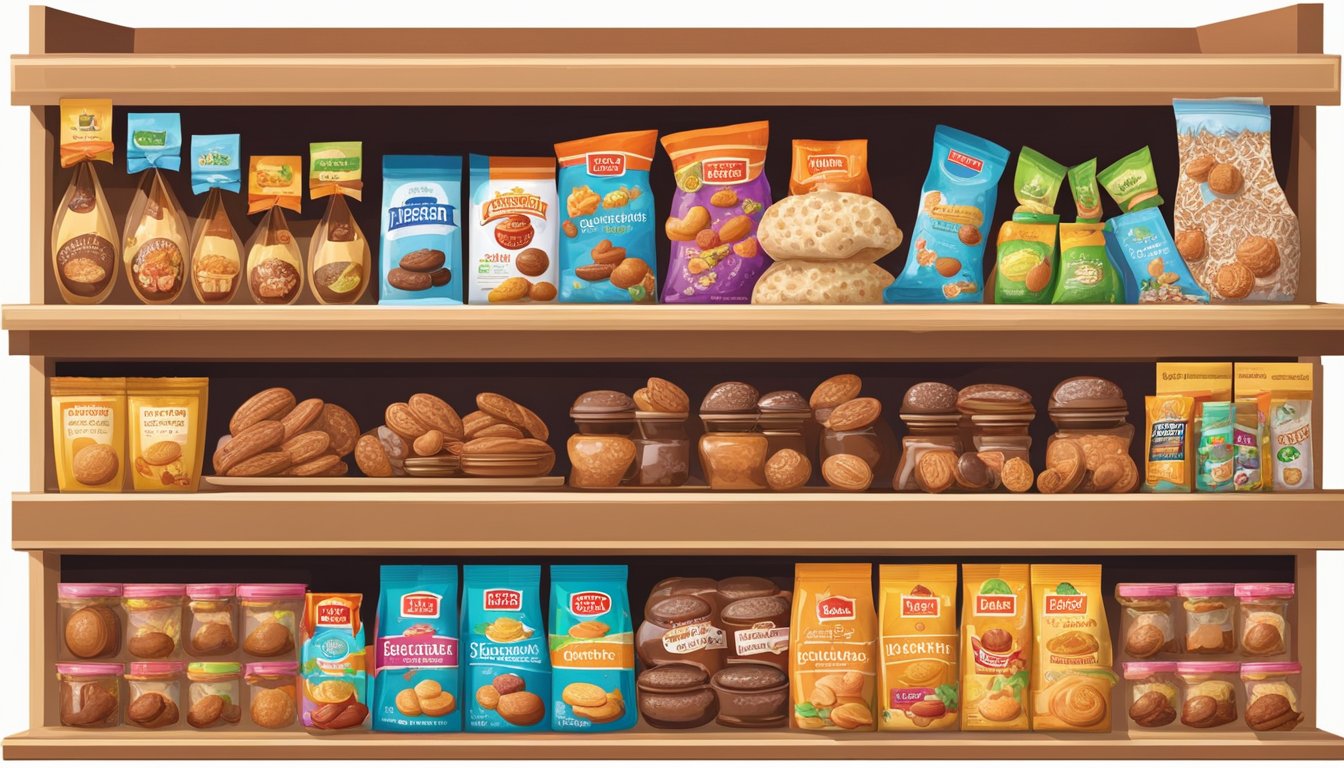 A colorful display of 15 international foods, including Lebkuchen, arranged on a shelf at HEB