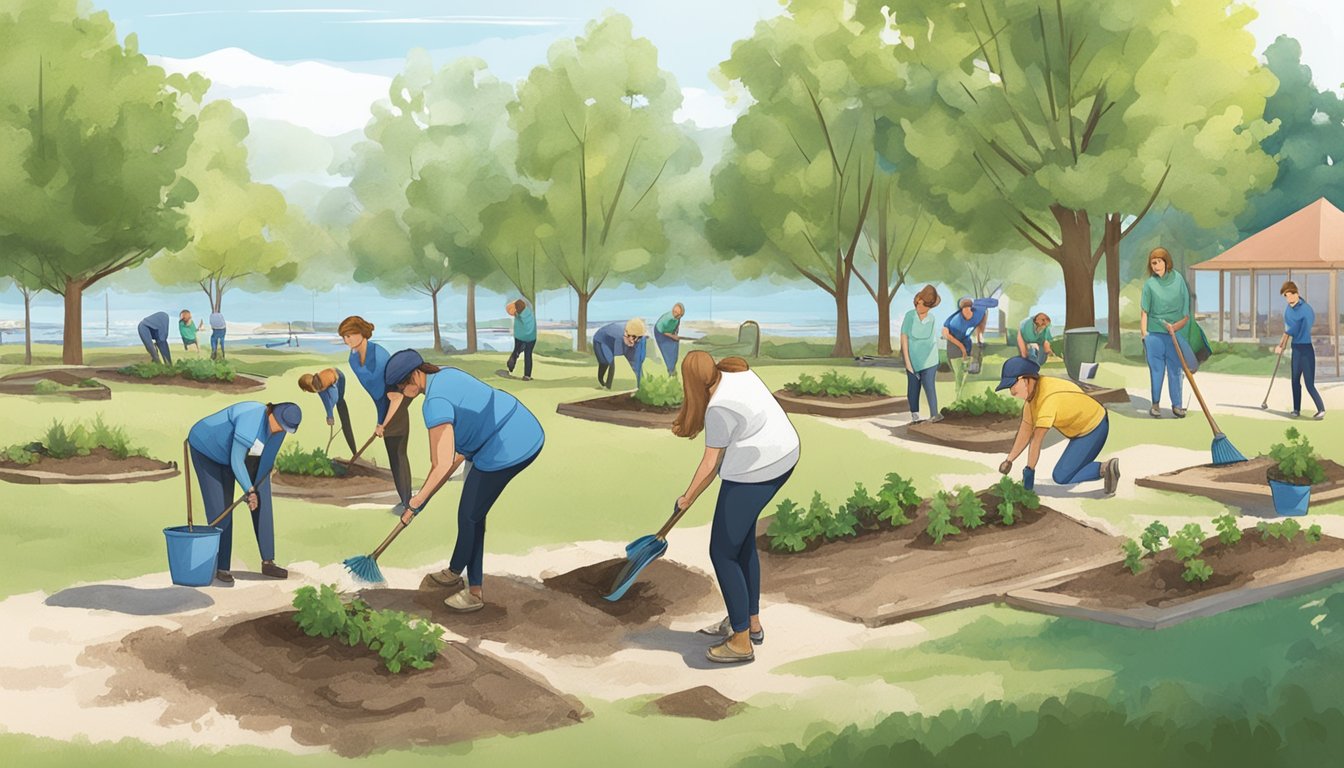 A group of volunteers planting trees in a park, while others clean up a local beach. In the background, a community garden is being tended to