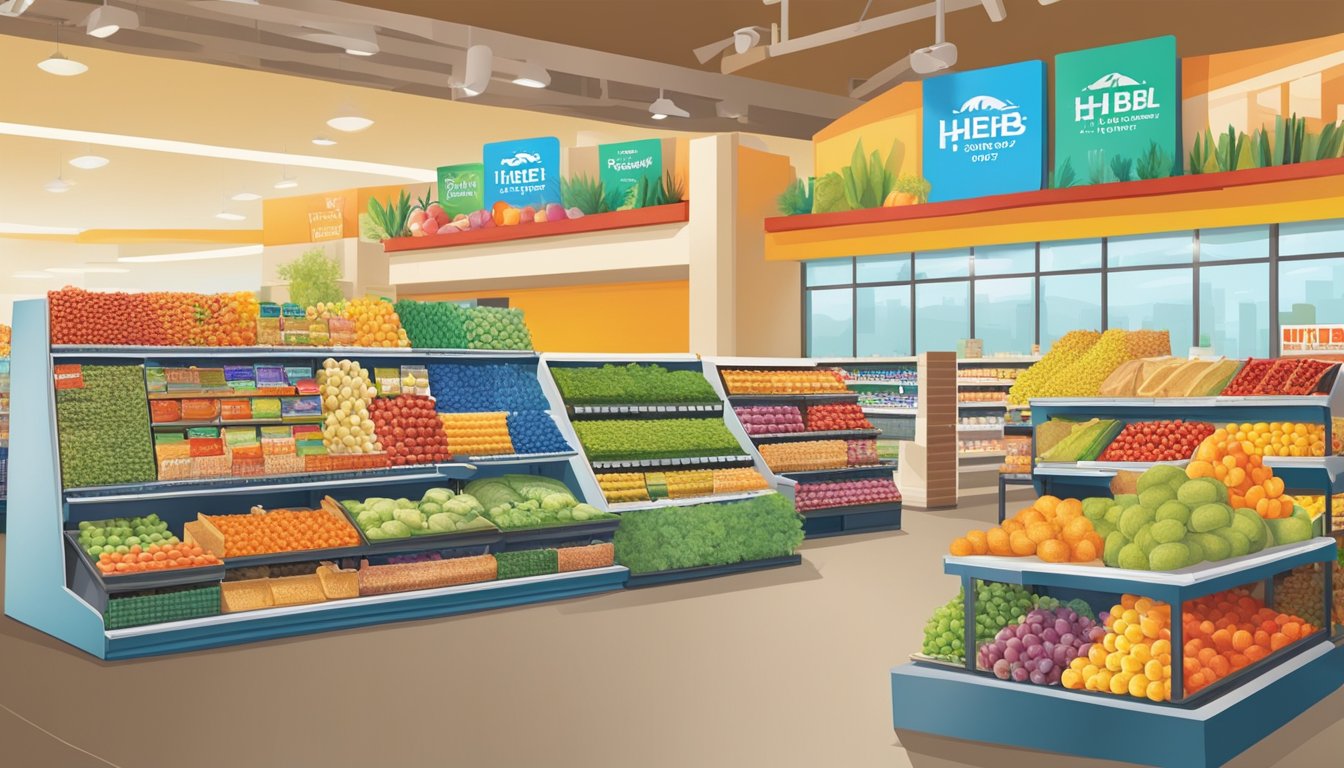 A colorful display of unique local products at an HEB grocery store, with cheerful signage and vibrant packaging, creating an inviting and lively atmosphere