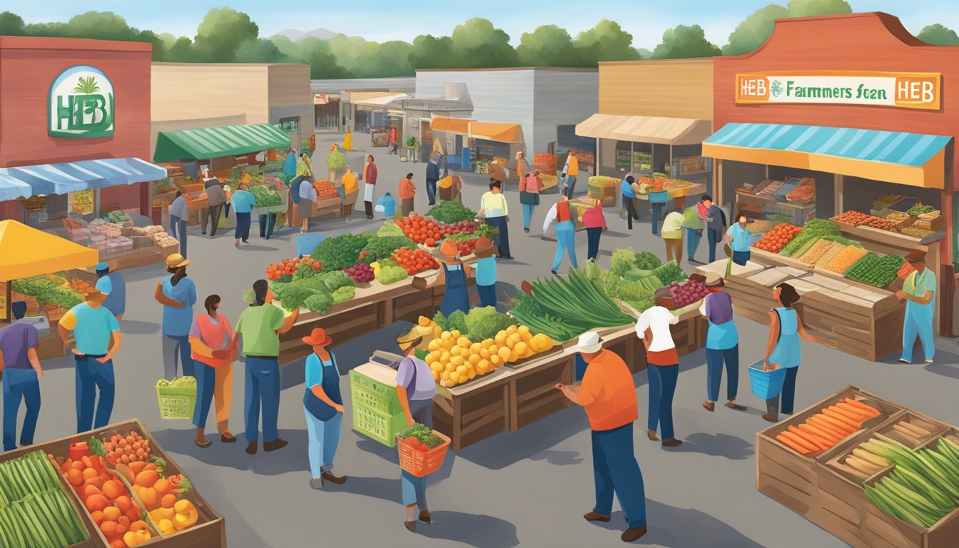 Local farmers and HEB employees working together in a vibrant, bustling community market