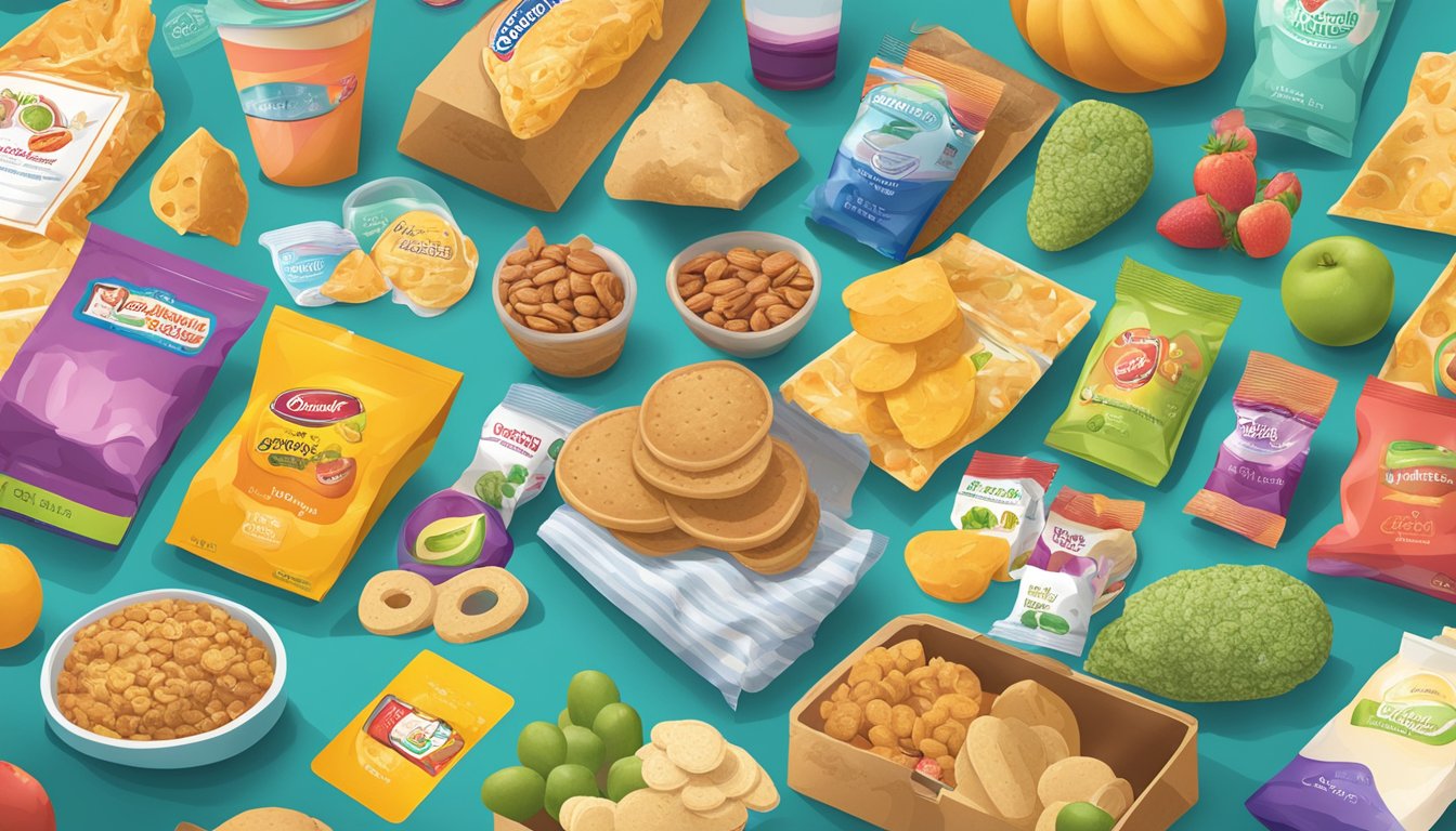 A colorful display of HEBuddySnackCards surrounded by playful grocery items