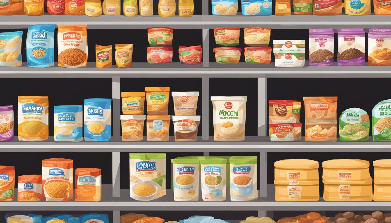 A colorful display of international foods, including Mochiko Sweet Rice Flour, arranged on shelves at HEB