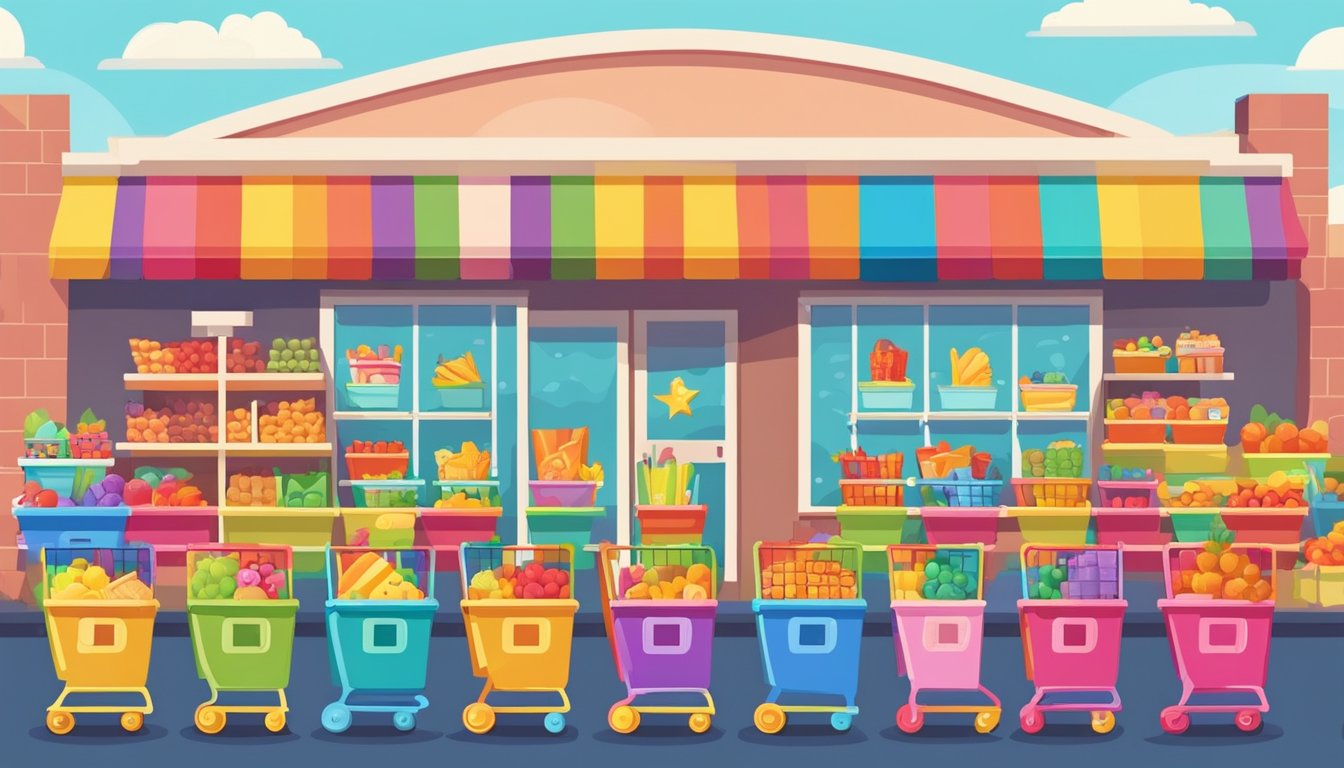 Colorful shopping carts filled with toys and snacks, with smiling faces and fun designs, lined up in front of a vibrant grocery store