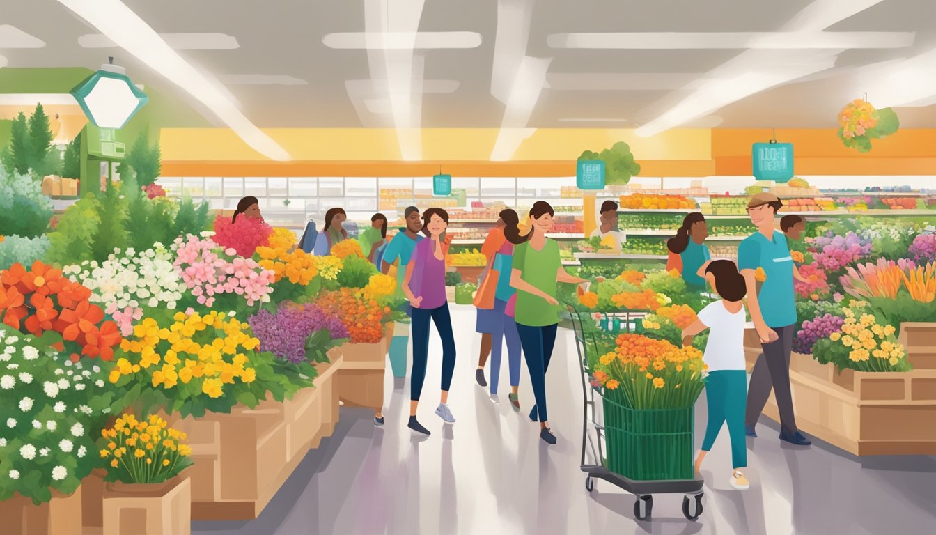 A vibrant display of fresh flowers and greenery arranged in various vases and containers, surrounded by cheerful shoppers at an HEB grocery store