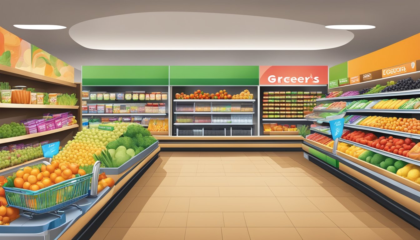 A colorful and inviting grocery store layout with interactive displays and engaging signage, creating a fun and enjoyable shopping experience