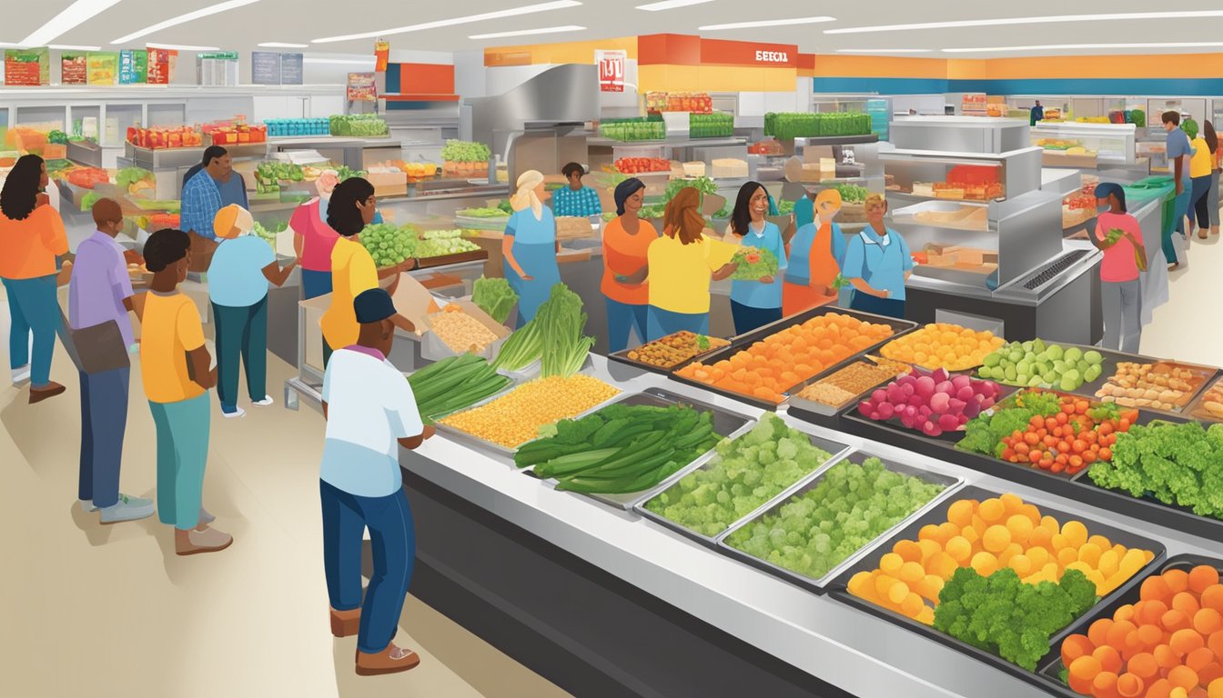 Customers participating in a cooking demonstration at HEB, surrounded by colorful displays of fresh produce and samples