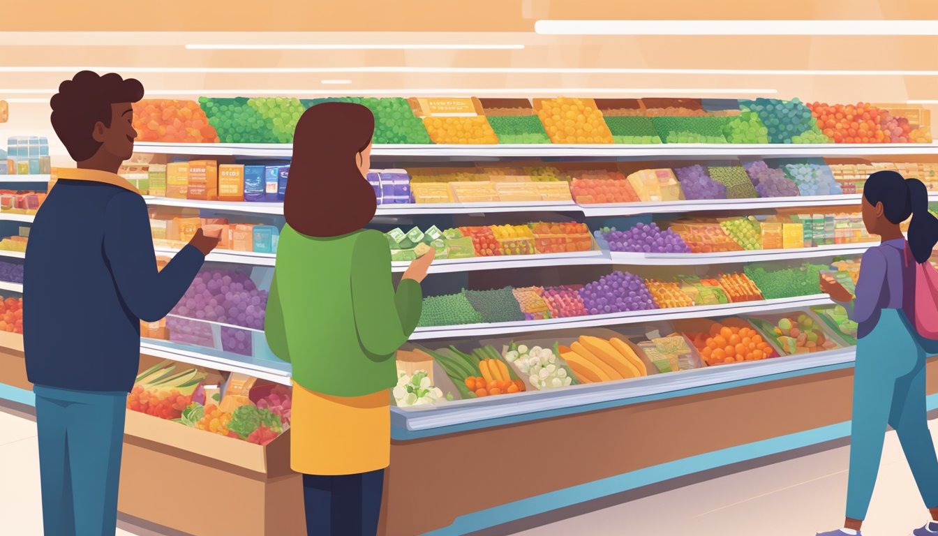 A colorful grocery store with interactive screens and personalized recommendations. Customers smile as they explore the aisles with digital assistance