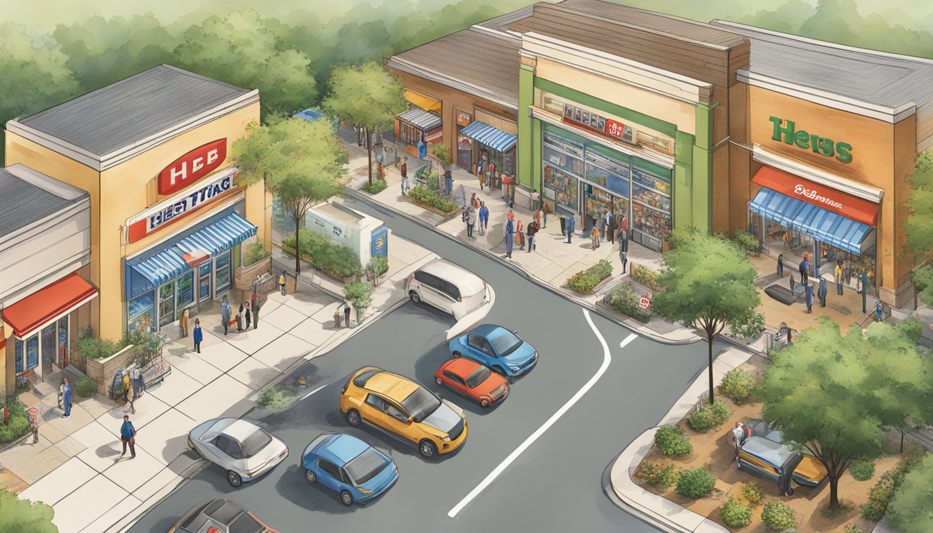 A bustling Texas community with diverse buildings and people, surrounded by greenery and a prominent HEB store at the center, symbolizing 12 ways the company gives back