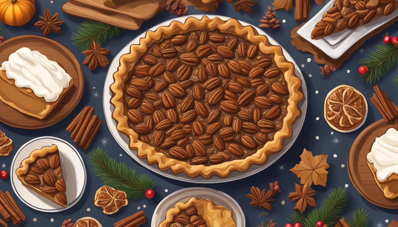 A festive table with a freshly baked HEB Pecan Pie surrounded by holiday decorations and other Texan traditions