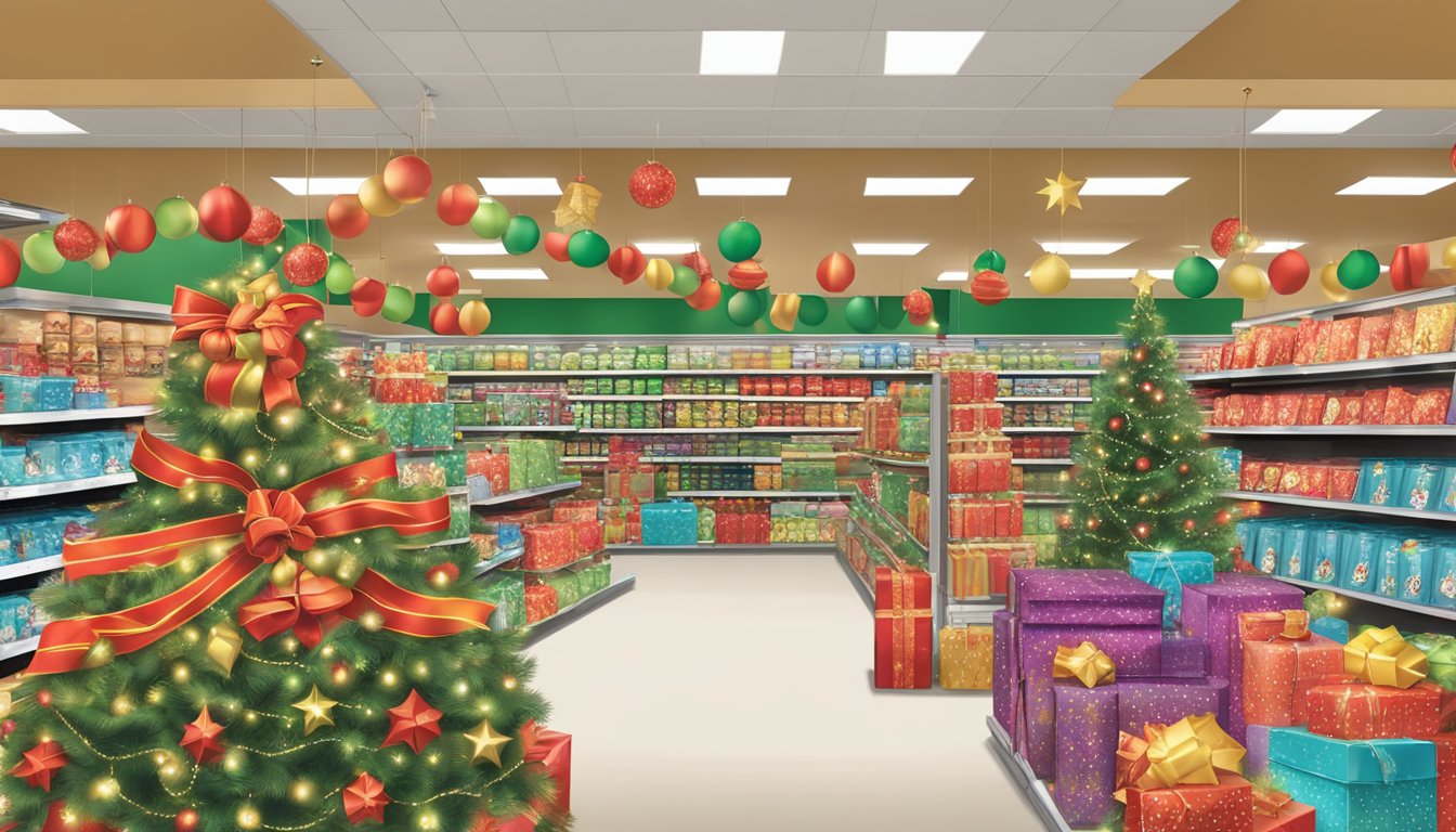 A festive display of HEB holiday decorations, including ornaments, lights, and garland, fills Seasonal Aisle 7