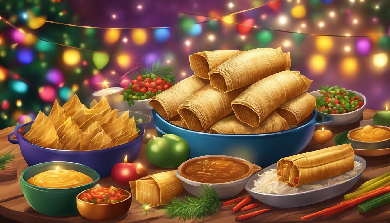 A festive table with steaming tamales, surrounded by colorful decorations and holiday lights