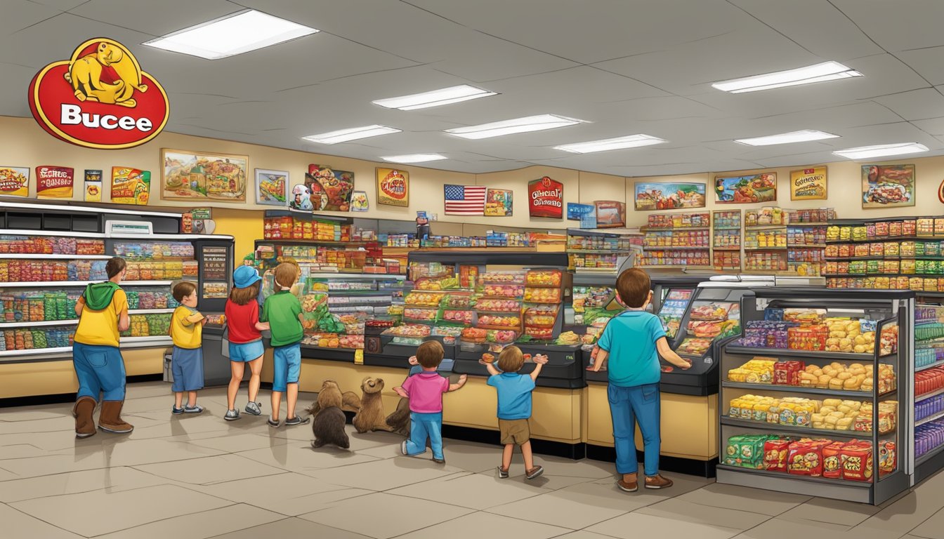 A bustling buc-ee's store with a large beaver mascot, gas pumps, and a massive selection of snacks and merchandise