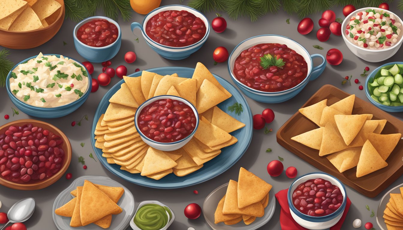 A festive table spread with HEB Cranberry Salsa surrounded by holiday decorations and Texan favorites