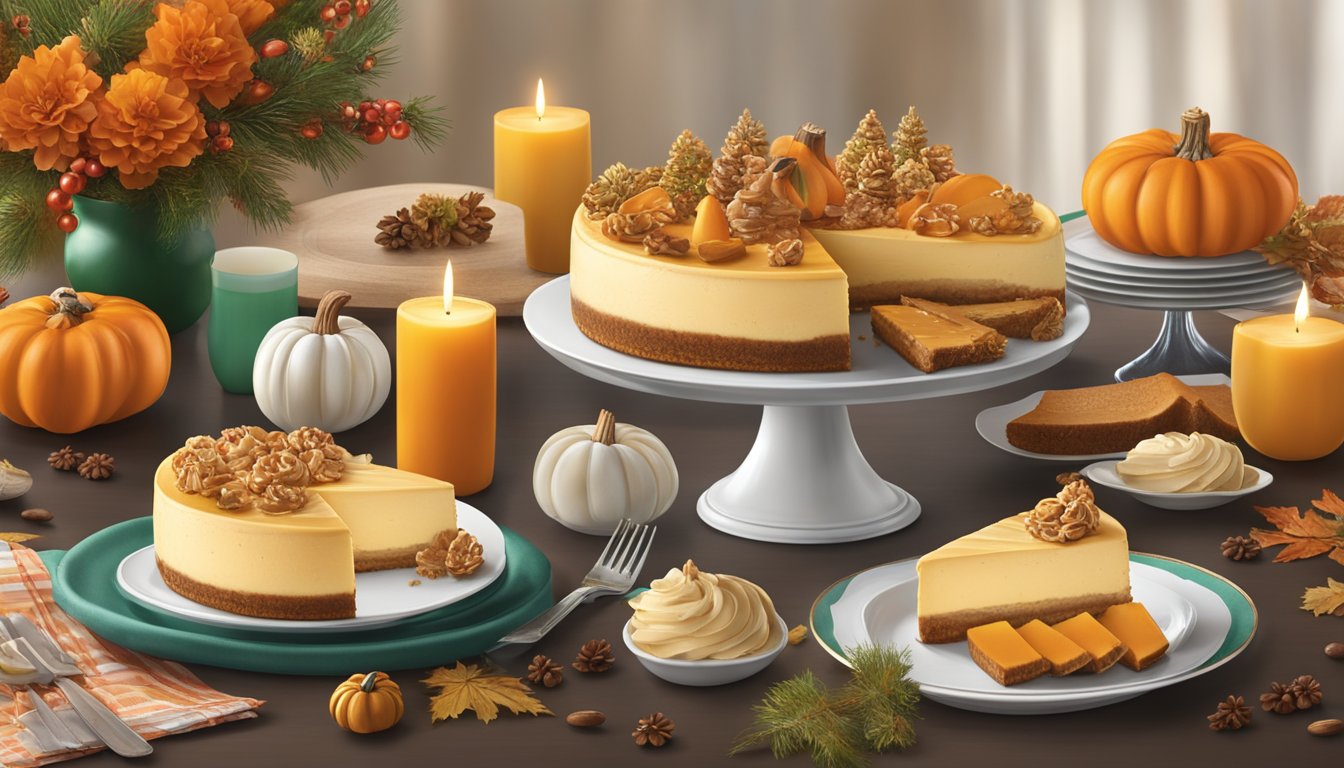 A festive table with a pumpkin cheesecake as the centerpiece surrounded by holiday decorations and other HEB holiday tradition items