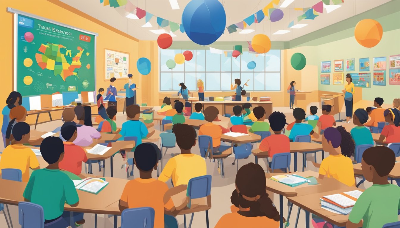 A bustling classroom filled with students engaged in various educational activities, surrounded by colorful posters and educational materials. A large banner prominently displays the HEB logo, showcasing their support for Texas education