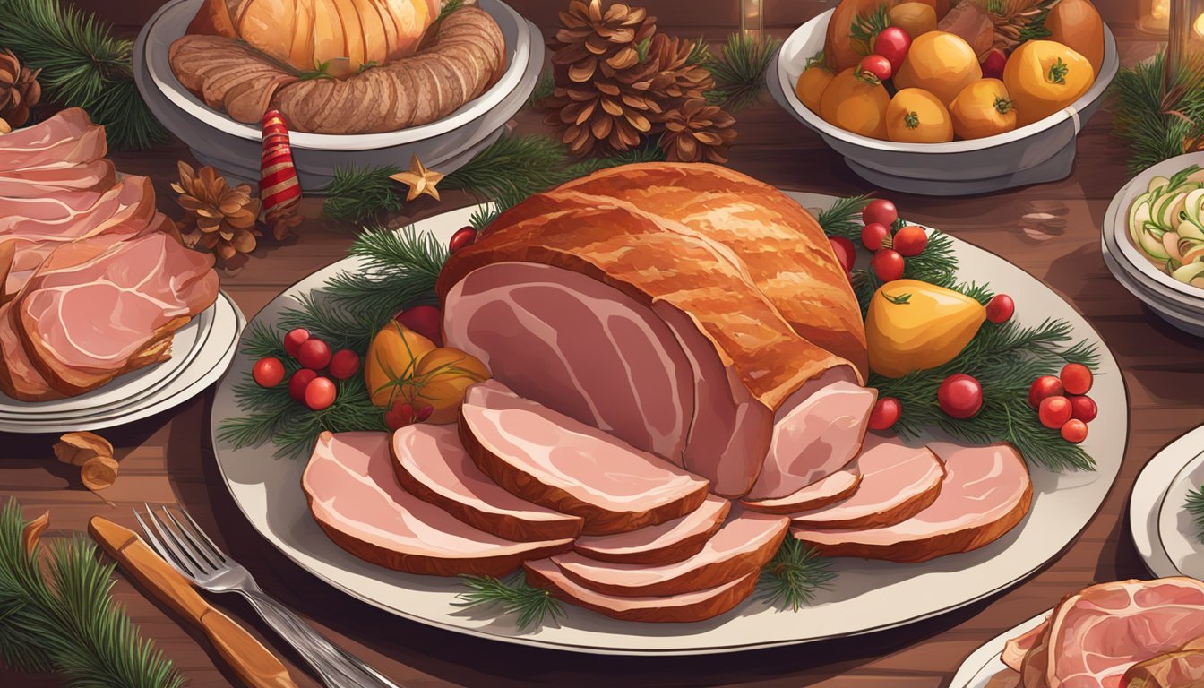 A festive table with a spiral-sliced ham as the centerpiece, surrounded by traditional Texan holiday decorations and dishes