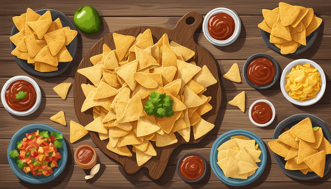 A pile of Texas-shaped tortilla chips surrounded by 12 HEB products, including salsa and barbecue sauce, arranged on a rustic wooden table