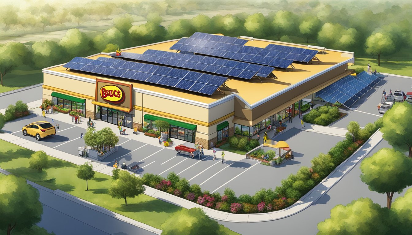 A bustling buc-ee's store surrounded by lush greenery and solar panels, with a focus on eco-friendly and community-oriented design