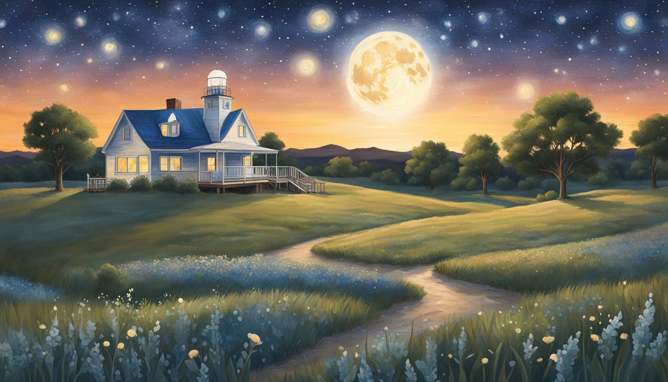 A clear, starry night sky over a Texas landscape, with the HEB Creamy Creations Texas Starry Night Ice Cream featured prominently in the foreground