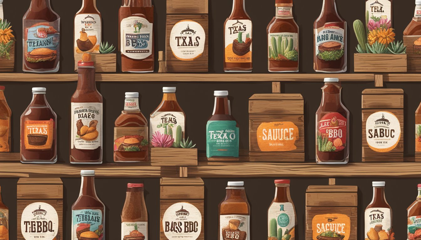 A rustic wooden crate filled with 12 bottles of Texas BBQ sauce, labeled with the HEB logo, surrounded by iconic Texan symbols like cowboy hats and cacti