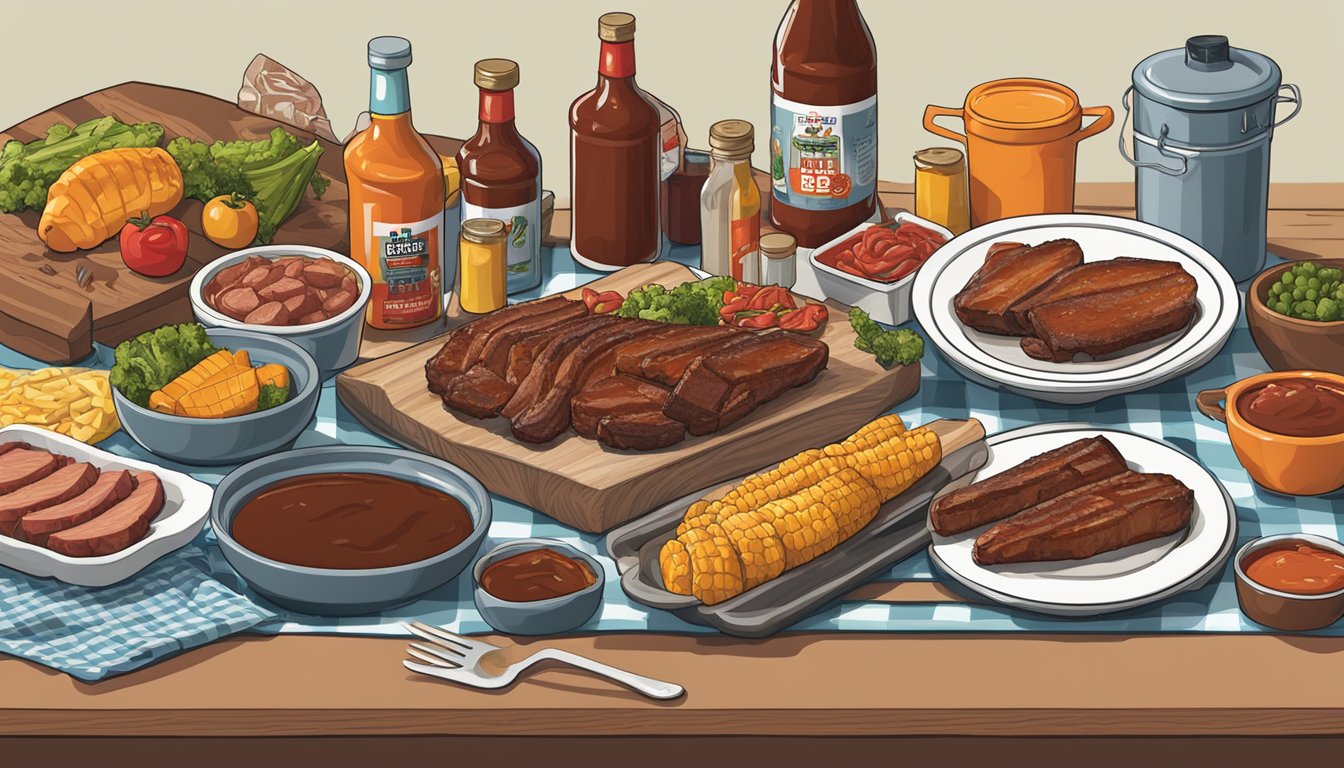 A backyard BBQ scene with a spread of HEB Texas BBQ Sauce and 15 HEB products, including meats, veggies, and condiments, ready for grilling