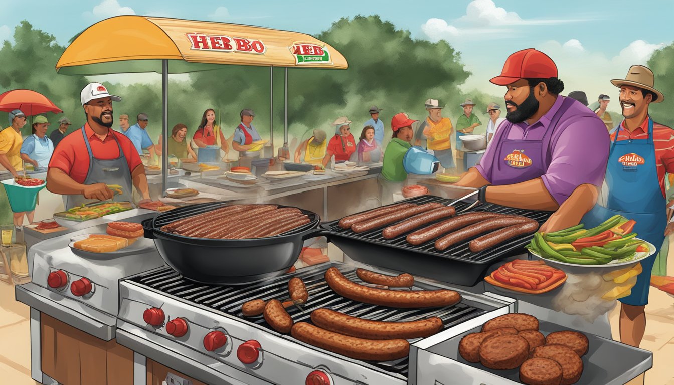 A sizzling grill cooks HEB Jalapeño Beef Sausage among 15 HEB products at a lively Texas BBQ