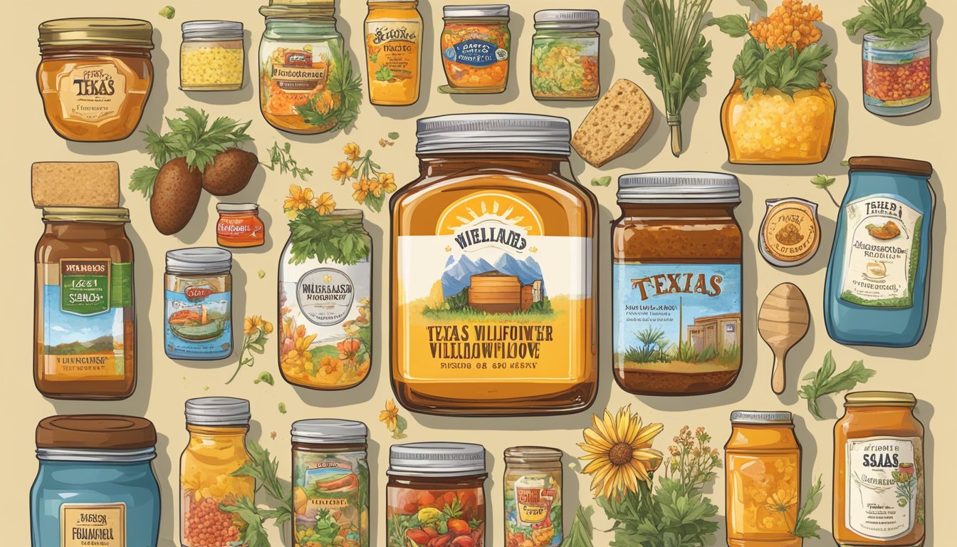 A jar of Texas Wildflower Honey surrounded by 11 HEB products, including salsas, BBQ sauces, and snacks, all with Texas-themed packaging