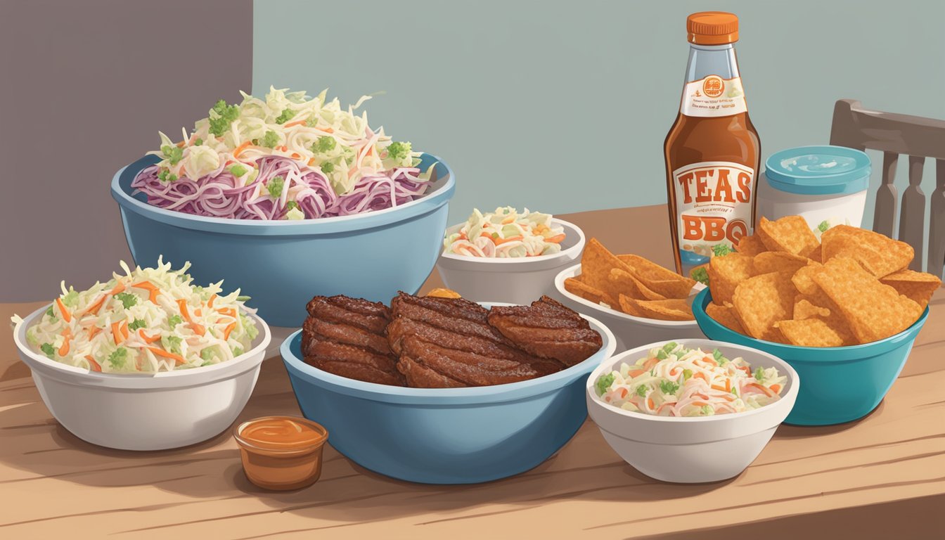 A colorful Texas BBQ spread with a large bowl of HEB Creamy Deli-Style Coleslaw as the centerpiece