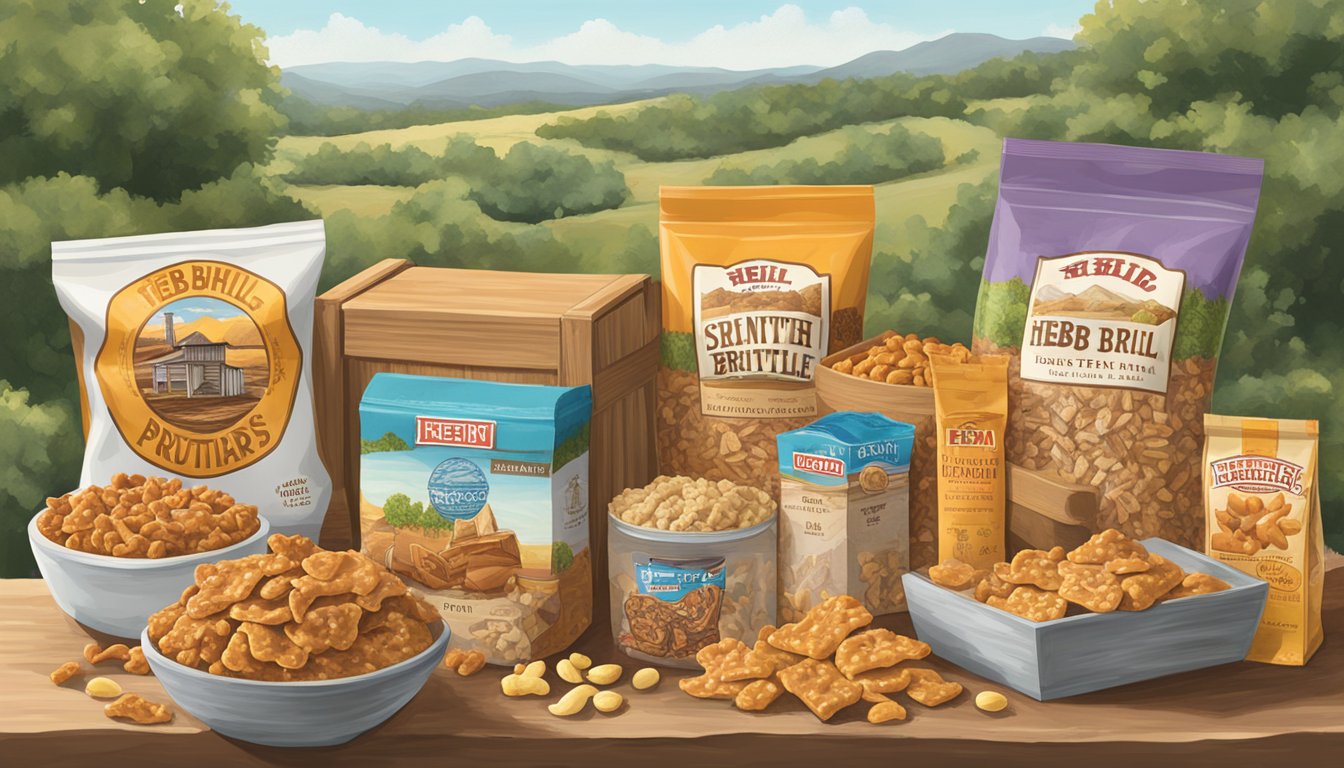 A rustic wooden crate filled with HEB Hill Country Fare Peanut Brittle, surrounded by other Texan-themed HEB products