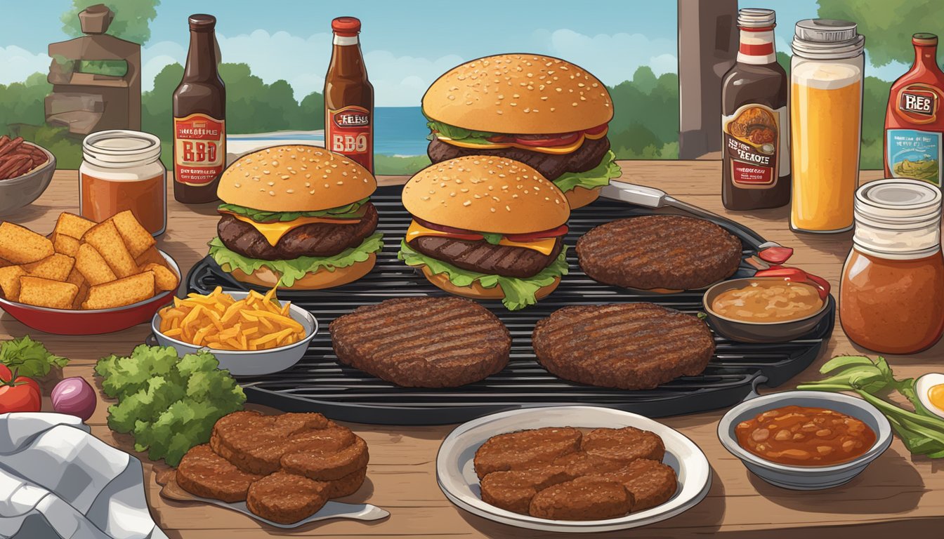 A sizzling grill with HEB Seasoned Beef Burgers surrounded by 15 Texas-themed BBQ products